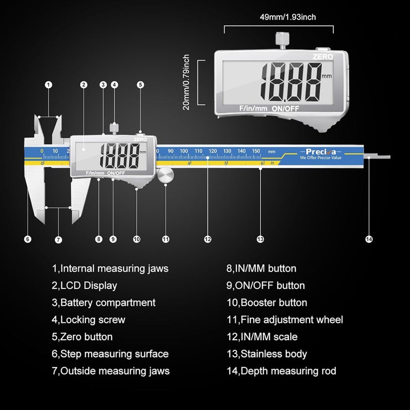 Preciva Digital Caliper, Stainless Steel Vernier Caliper Digital, Micrometer Calipers with Large LCD Screen, Auto-Off Feature, Inch Millimet Conversion, 6 Inch Caliper Tools for DIY/Household - Image 4